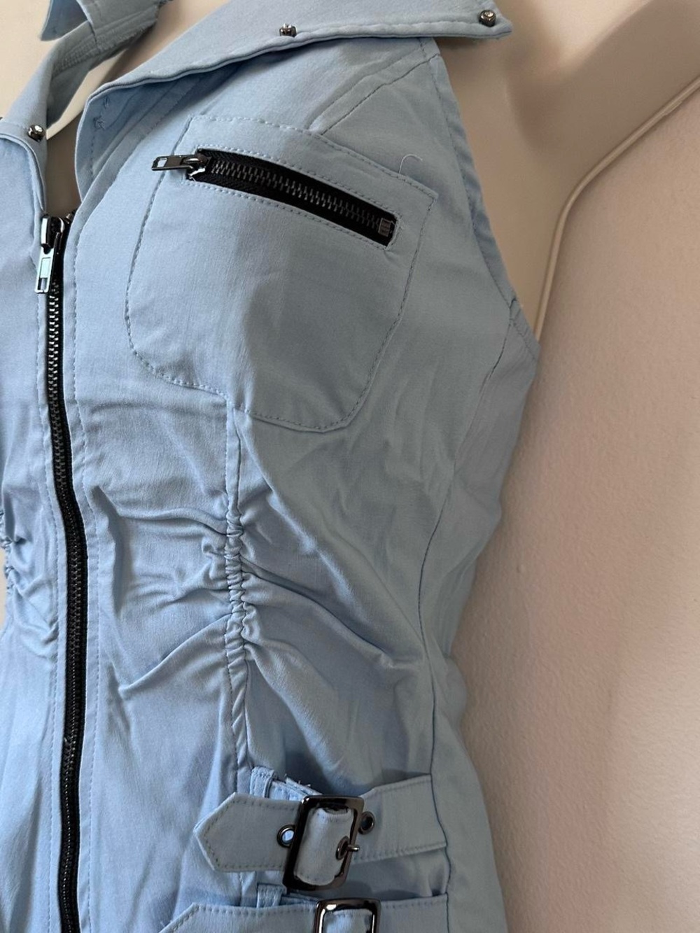 Light Blue Zip Front Stud Collar Vest - Picture 5 of 8